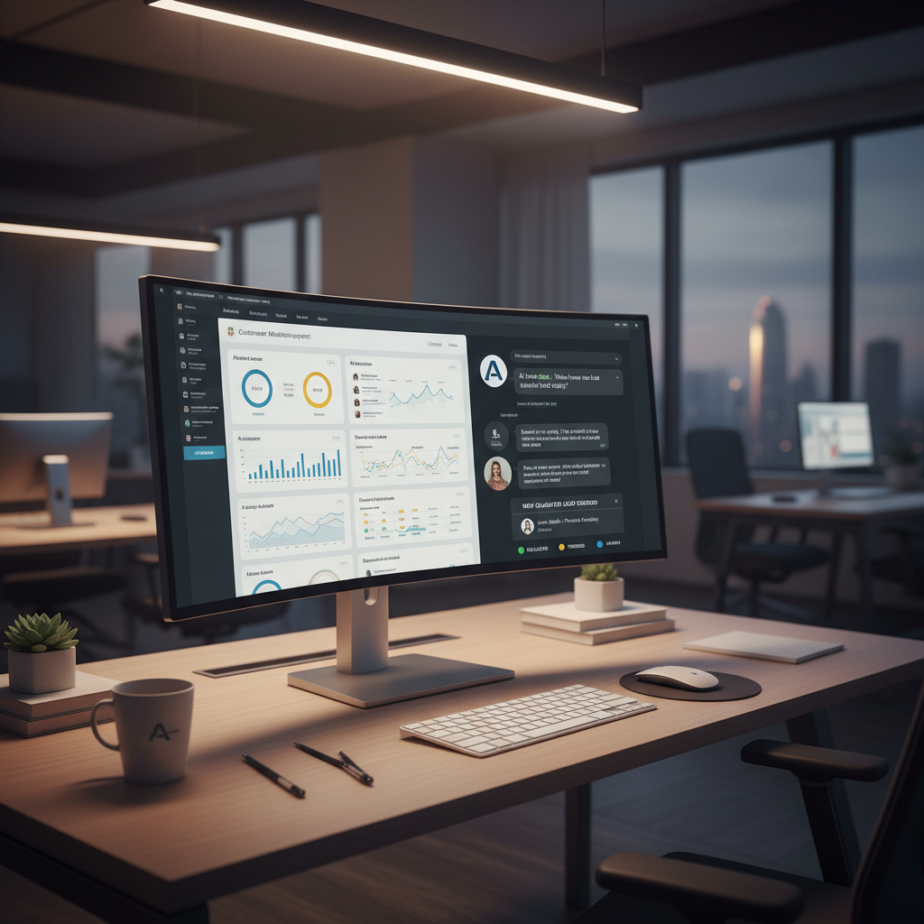 A photorealistic image of a modern office scene with a computer monitor displaying a CRM dashboard and a messaging-app chat beside it; the chatbot resolves questions and automatically creates new qualified leads with clear status indicators. Cinematic lighting, professional studio quality, 8k.