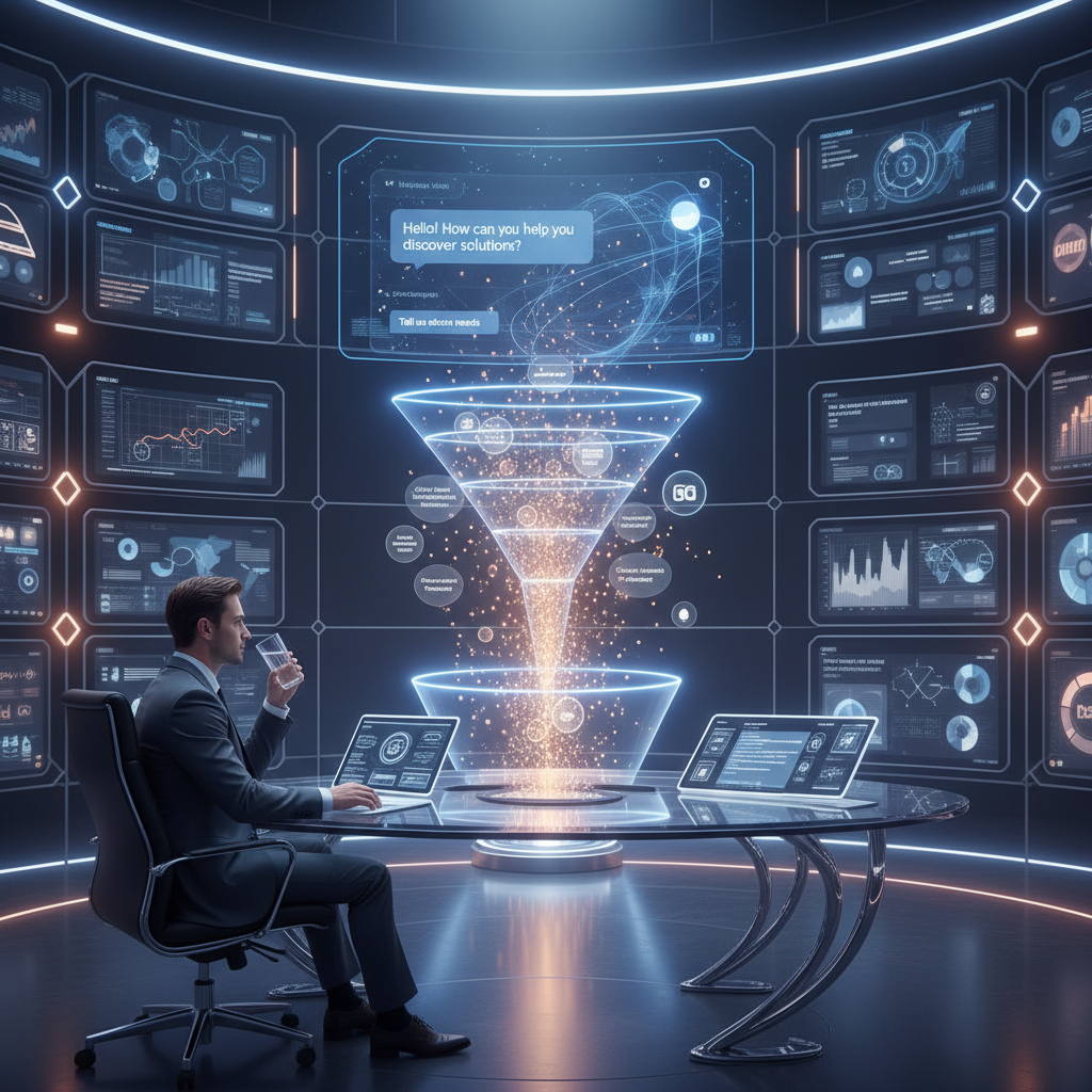 A photorealistic image of a futuristic marketing operations center with a wall of screens showing a live chatbot interface and a dynamically filling sales funnel of leads, overseen by a calm analyst, conveying the idea of capturing leads at scale without appearing salesy. Cinematic lighting, professional studio quality, 8k.