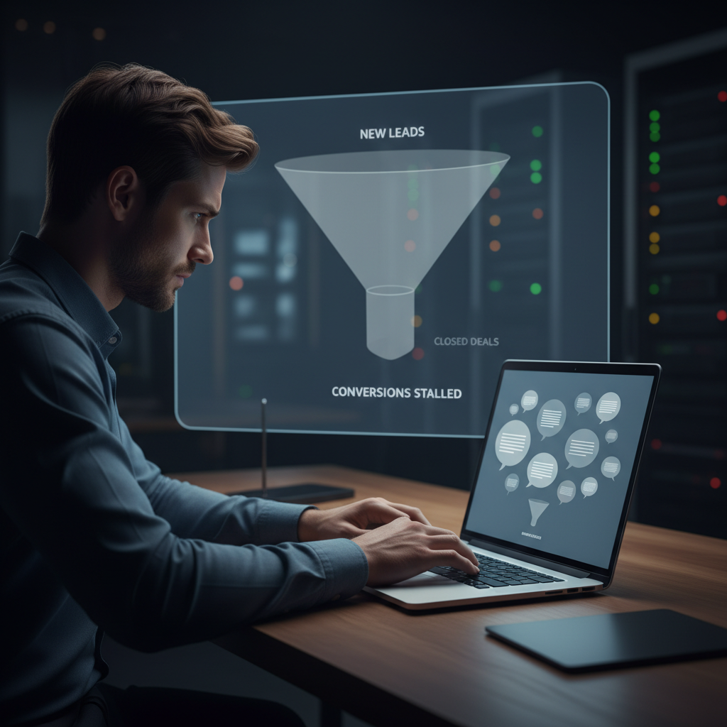 A photorealistic image of a person at a desk looking at a laptop displaying a chatbot interface with generic speech bubbles (no legible text) while in the background a CRM dashboard shows a stagnant lead funnel, illustrating why conversations fail to generate leads. Cinematic lighting, professional studio quality, 8k.