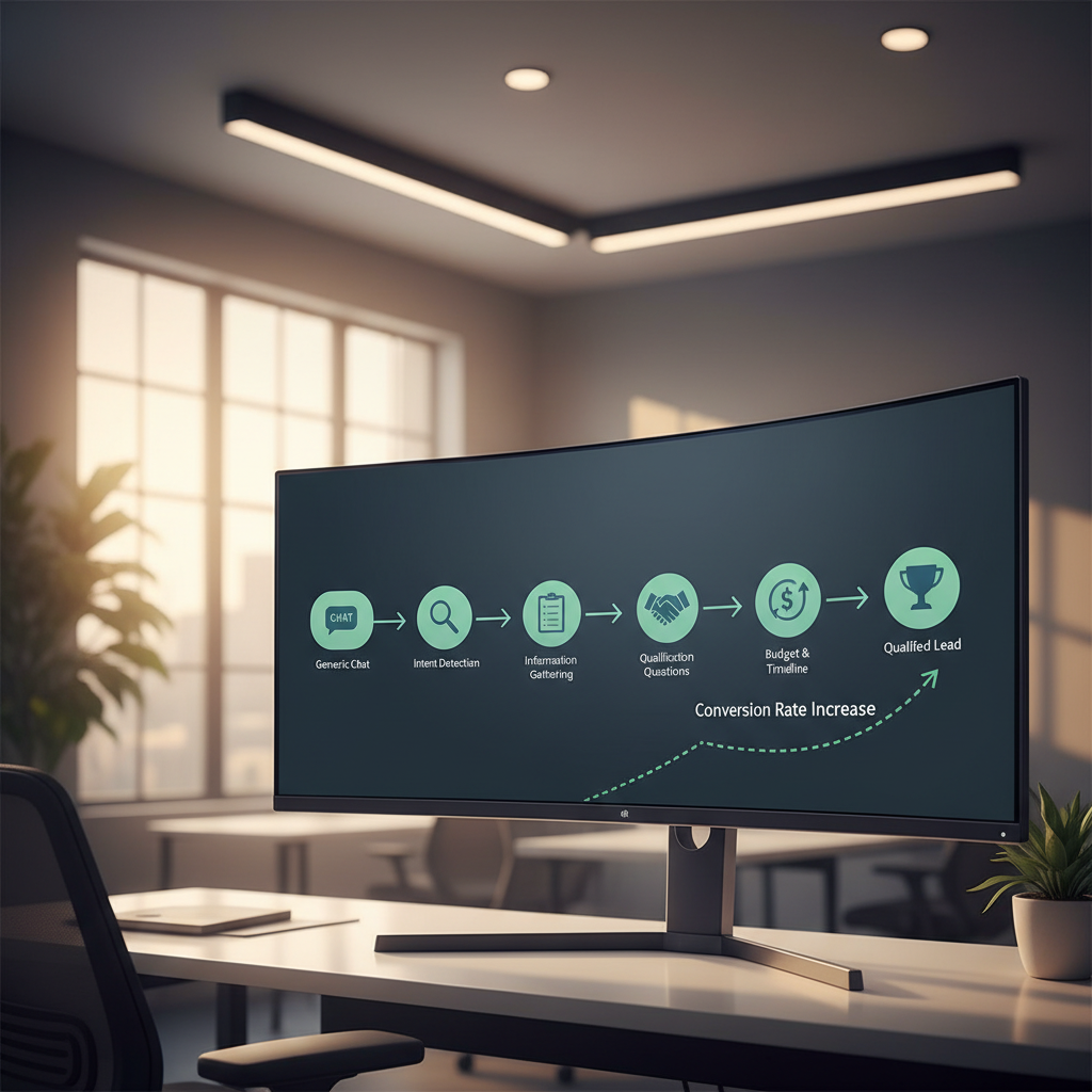 A photorealistic image of a computer monitor presenting a visual flowchart that converts a generic chat into a structured lead qualification journey, using icon-based stages connected by arrows and an ascending conversion line, in a sleek modern office. Cinematic lighting, professional studio quality, 8k.