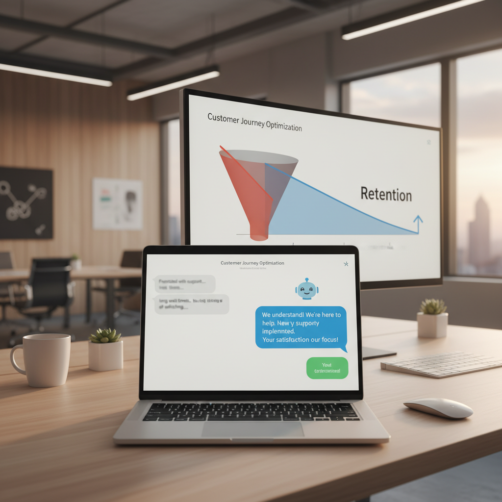 A photorealistic image of a modern office desk with a laptop screen showing a messaging chatbot interface; the left side displays user messages fading away while the right side shows a proactive, friendly bot replying; in the background a large monitor shows a funnel chart with a downward trend then stabilization, implying retention through better messaging. Cinematic lighting, professional studio quality, 8k.