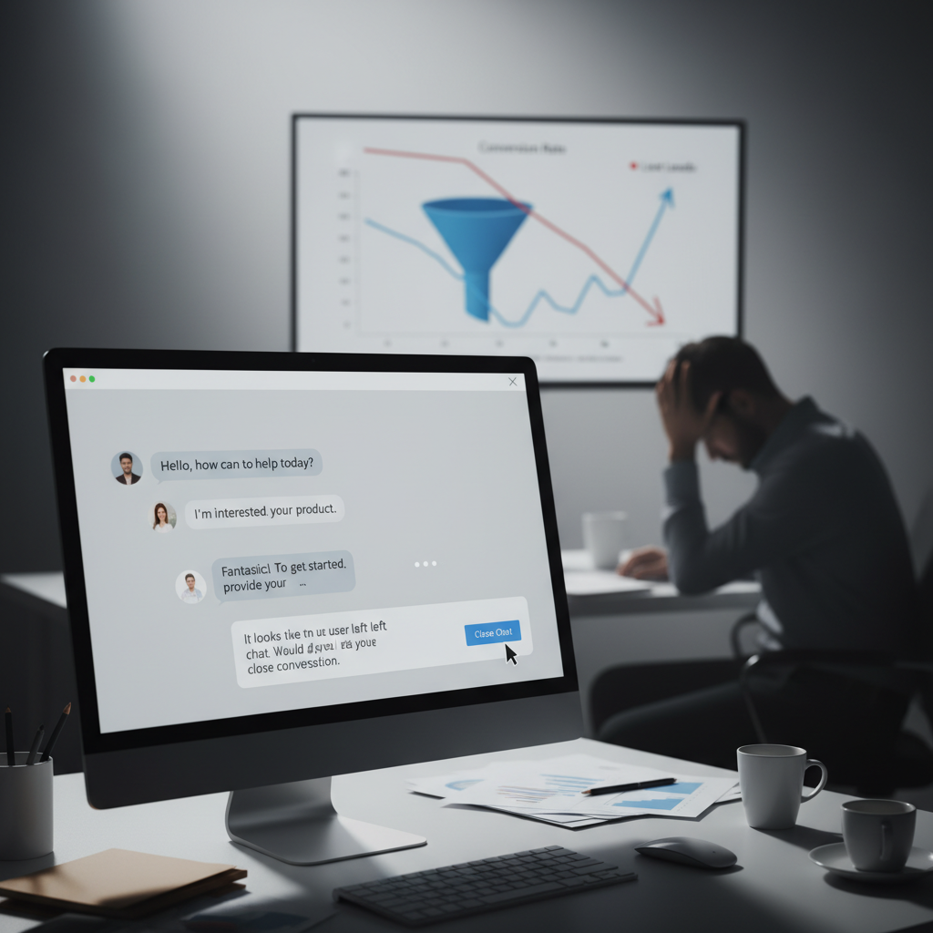 A photorealistic image of a workspace with a computer monitor displaying a chatbot conversation that ends abruptly as the user leaves; in the background a separate screen shows a downward-trending funnel and a worried businessperson slumped in a chair, illustrating lost leads due to poor conversion. Cinematic lighting, professional studio quality, 8k.