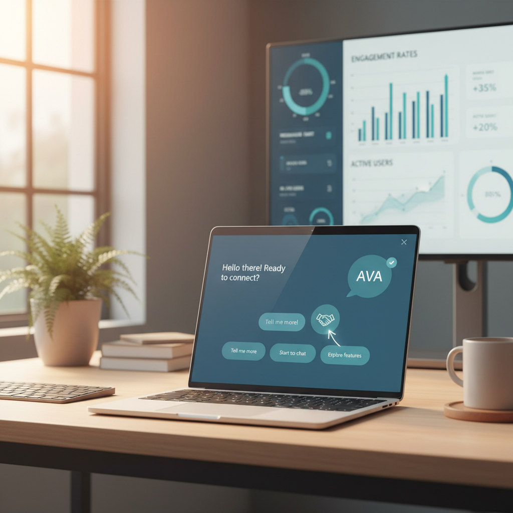 A photorealistic image of a workstation where the laptop displays a redesigned messaging flow: a friendly chatbot greeting, concise prompts, and a clear path to engagement; a background analytics dashboard shows rising engagement metrics, while the overall scene conveys a calm, inviting user experience. Cinematic lighting, professional studio quality, 8k.