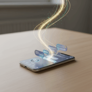 A photorealistic image of a modern smartphone on a clean desk, displaying an Instagram-like chat interface with a sleek AI chatbot avatar. The chat bubbles are visible as abstract shapes with no legible text, while a stream of glowing leads rises from the conversation into the air as gold and emerald sparks. Cinematic lighting, professional studio quality, 8k.
