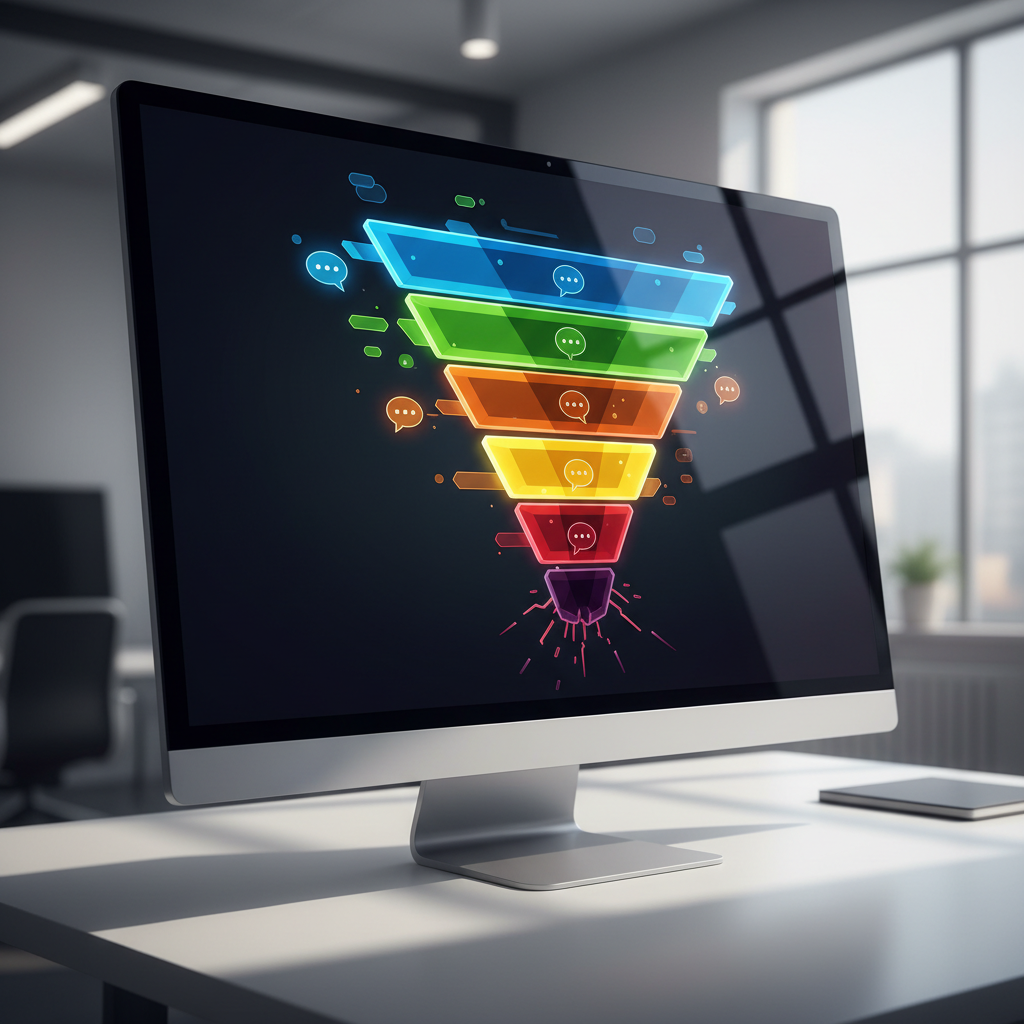 A photorealistic image of a desktop monitor displaying a multi-stage marketing funnel made of colored transparent segments. The upper stages show active chat icons, while the lower stage is darker with broken connections to illustrate funnel failure. No readable text, just shapes and gradients. Cinematic lighting, professional studio quality, 8k.