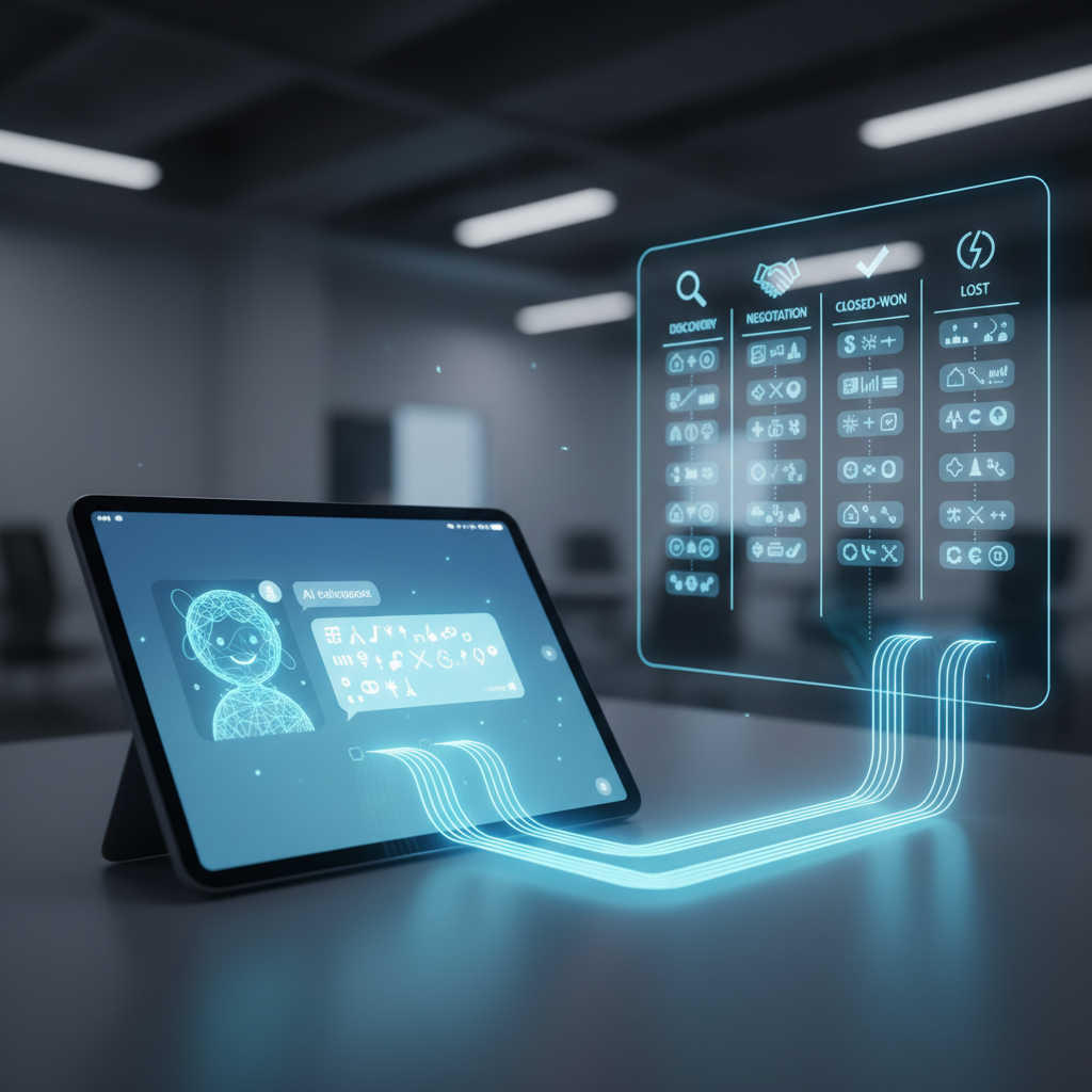 A photorealistic image of a tablet showing an active chatbot conversation with a friendly AI avatar. In the background, a glowing pipeline of leads flows from the chat into a modern deal-tracking board with columns of icons representing opportunities and stages. No text inside the image. Cinematic lighting, professional studio quality, 8k.