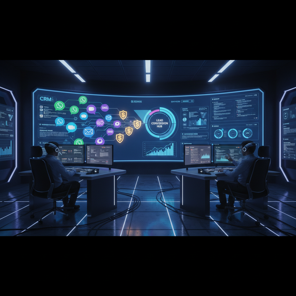 A photorealistic image of a high-tech control room where multichannel chat bubbles from SMS, WhatsApp, email, and live chat converge into a central CRM dashboard on a large monitor, illustrating how conversations become qualified leads. Cinematic lighting, professional studio quality, 8k.