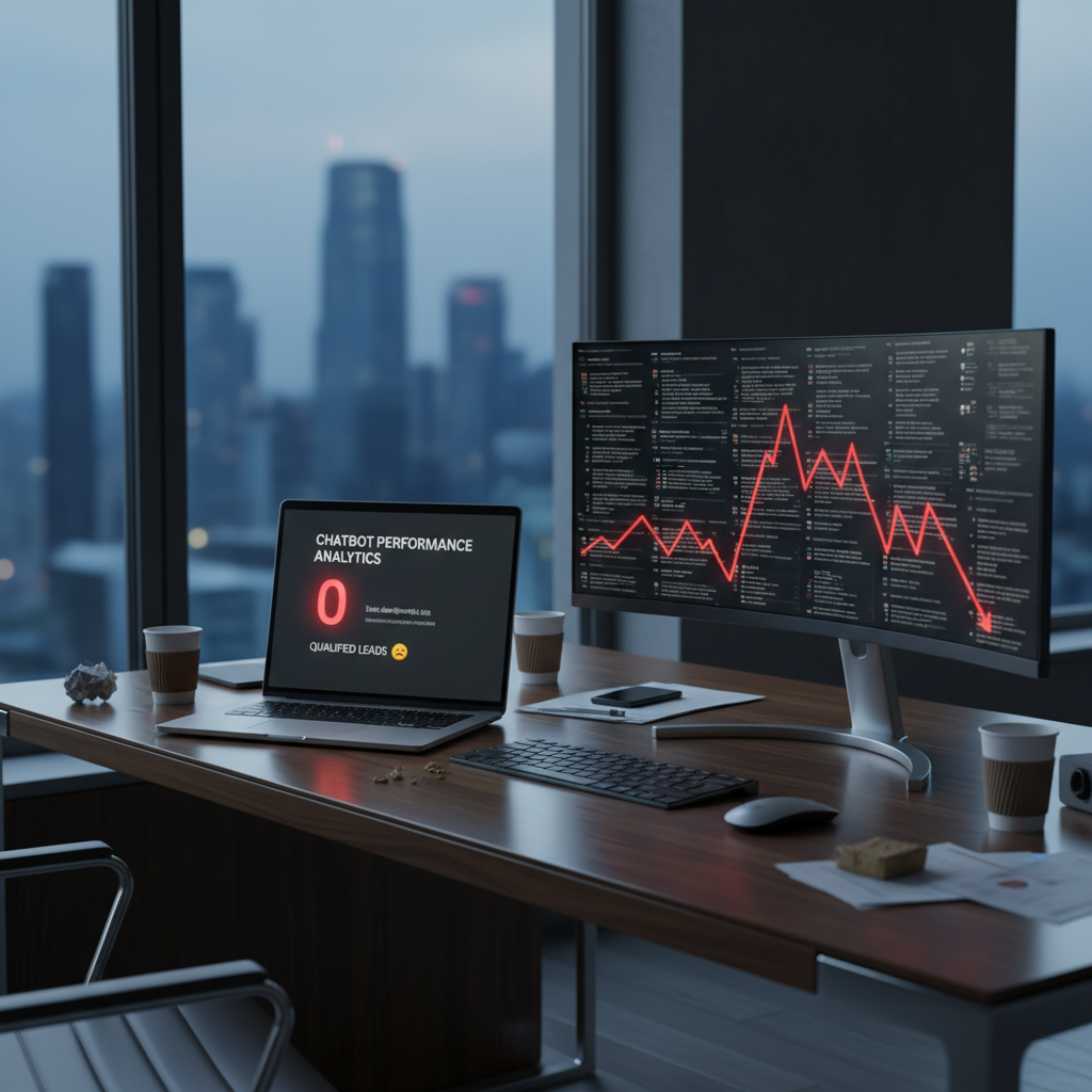 A photorealistic image of a modern office desk with a laptop displaying a chatbot analytics dashboard showing zero qualified leads, and a second monitor filled with scattered contact data and a downward trend line. Cinematic lighting, professional studio quality, 8k.
