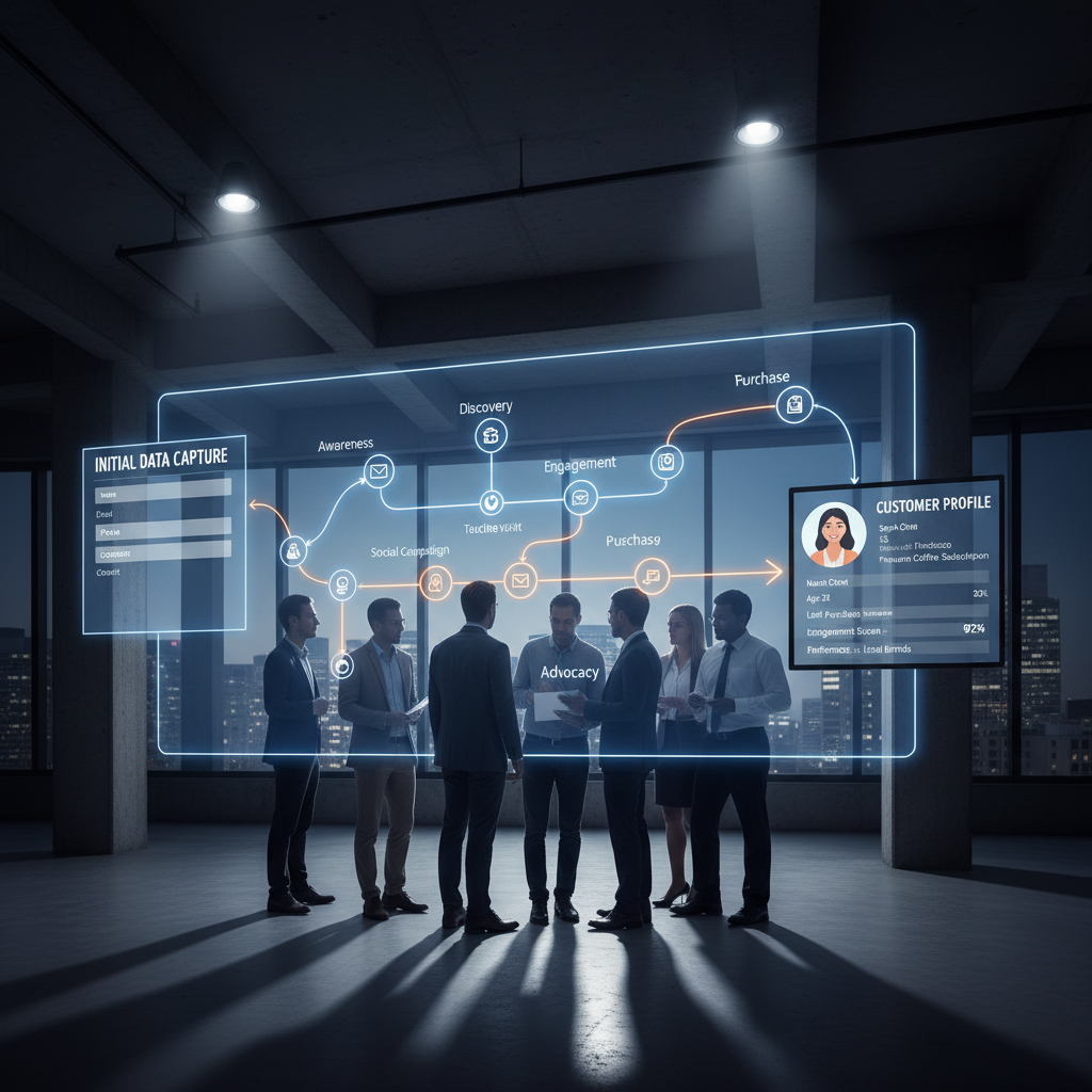 A photorealistic image of a team around a large touchscreen displaying a structured customer journey diagram with distinct touchpoints; data fields are captured at the first touch and flow toward a separate monitor showing a customer profile. Cinematic lighting, professional studio quality, 8k.