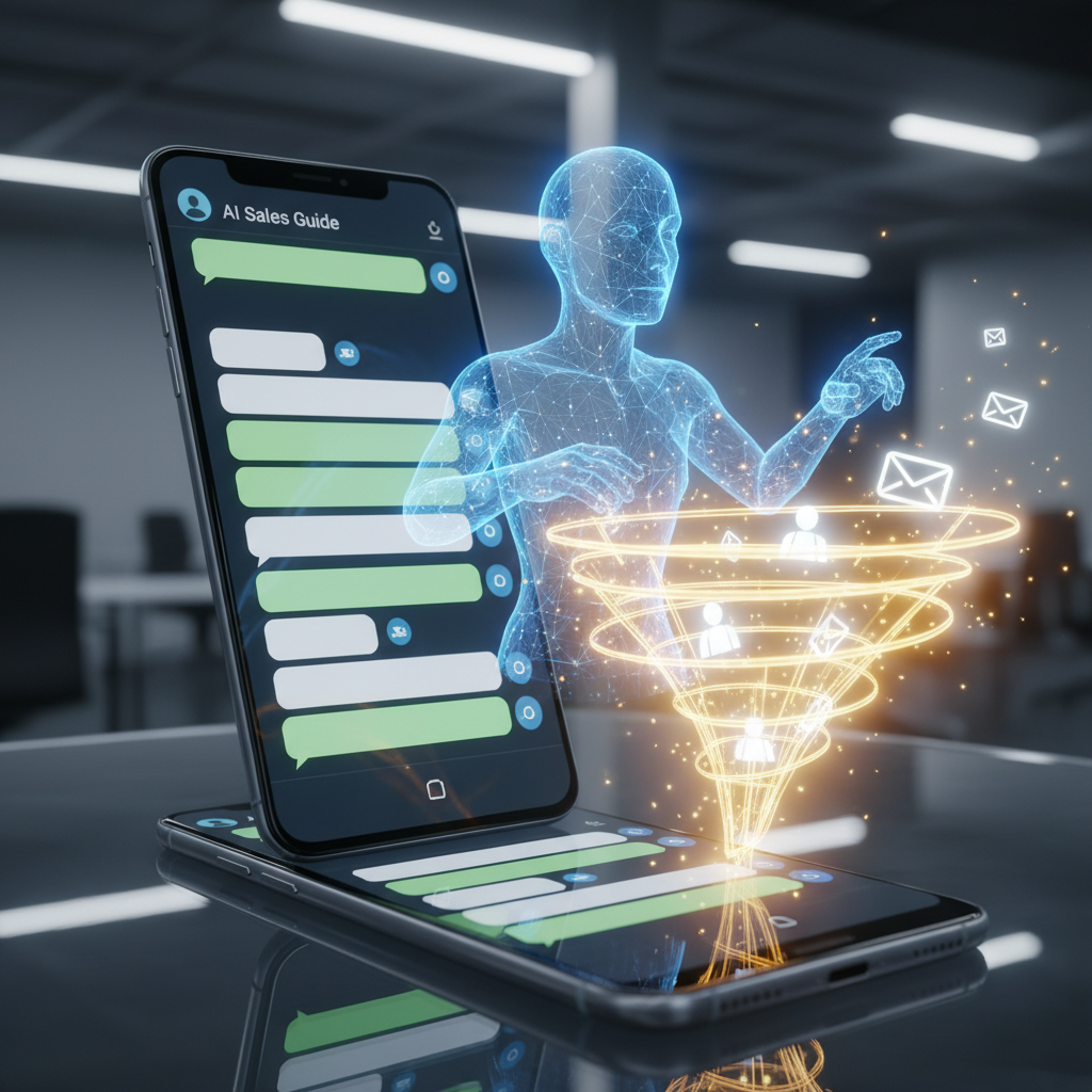 A photorealistic image of a smartphone on a glass desk showing a WhatsApp-like chat interface with blank speech bubbles and unread indicators on the left, and a futuristic holographic AI chatbot avatar on the right guiding conversations into a glowing sales funnel with floating lead icons. Cinematic lighting, professional studio quality, 8k.