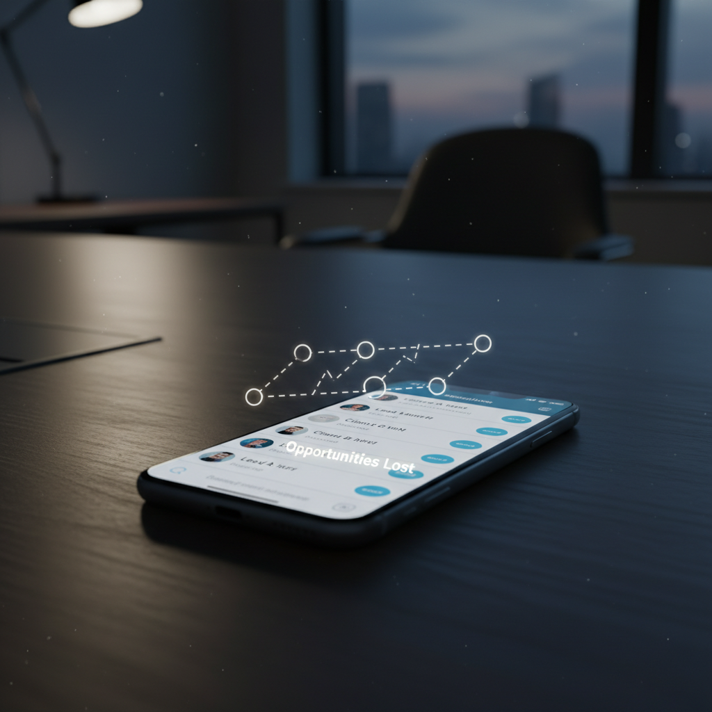 A photorealistic image of a smartphone on a desk displaying a WhatsApp-like chat list with multiple conversations showing no responses and empty chat bubbles to illustrate ignored leads, in a dimly lit environment with a subtle overlay of a dashed pipeline icon representing potential opportunities slipping away. Cinematic lighting, professional studio quality, 8k.