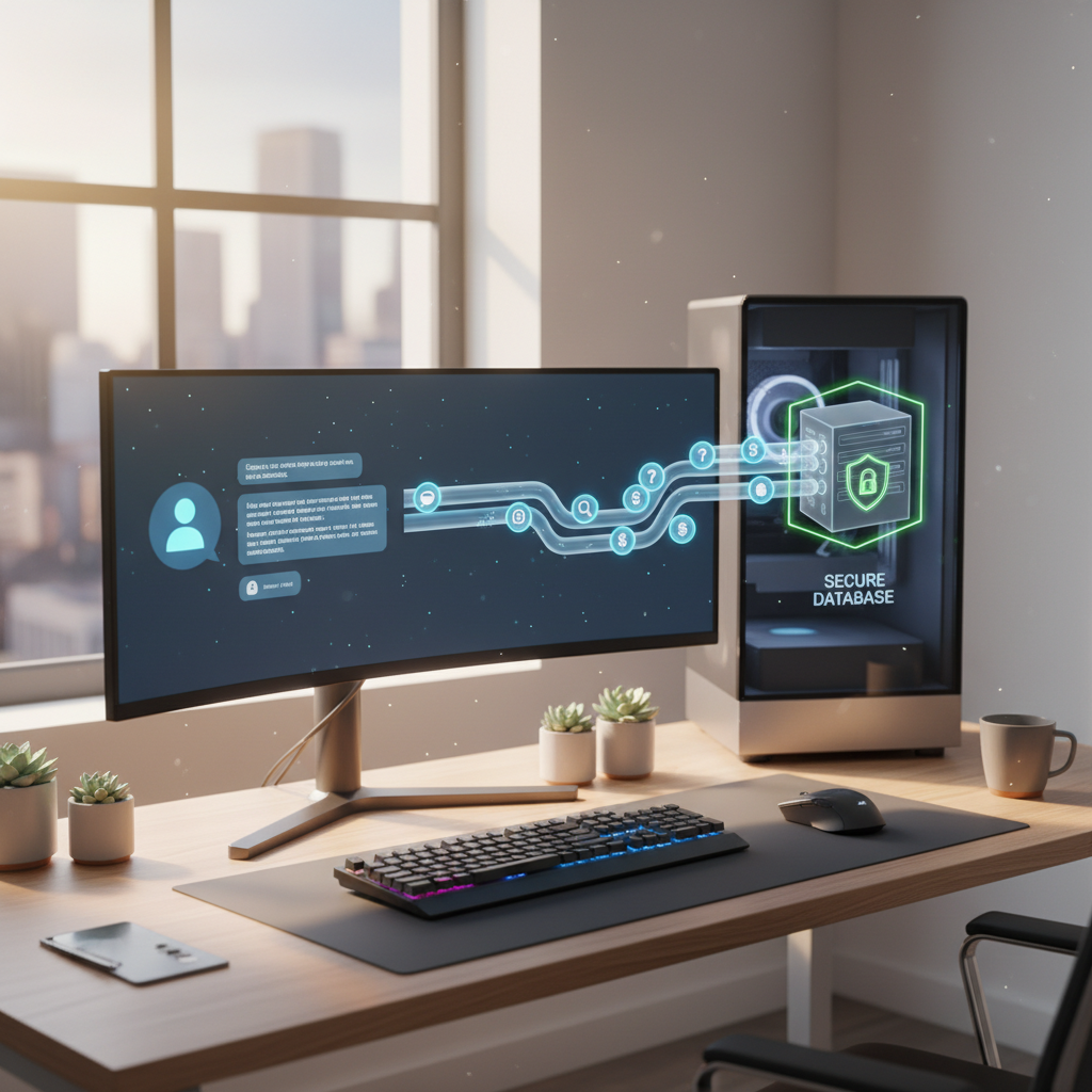 A photorealistic image of a modern computer workstation showing an AI chatbot interface on a monitor and a visible lead pipeline with icons representing qualified leads flowing from conversations into a secure database, all in a bright, organized setup. Cinematic lighting, professional studio quality, 8k.