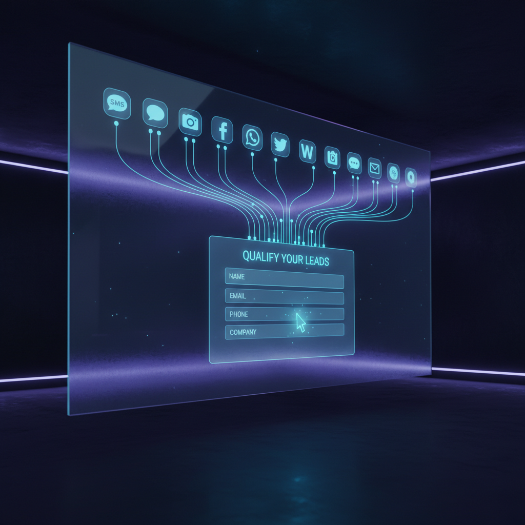 A photorealistic image of a high-tech omnichannel chatbot dashboard on a wall-mounted screen, showing multiple channel streams through icons feeding into a large empty lead capture form at the bottom with a glowing cursor over the blank input. Cinematic lighting, professional studio quality, 8k.