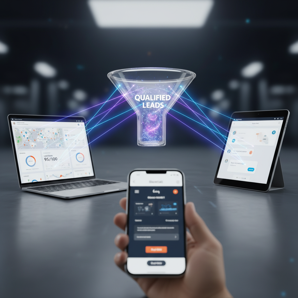 A photorealistic image of an omnichannel strategy in action: a hand using a smartphone, a tablet displaying a chatbot interface, and a laptop showing a sleek CRM dashboard; glowing connections run from each device into a central funnel representing leads. Cinematic lighting, professional studio quality, 8k.