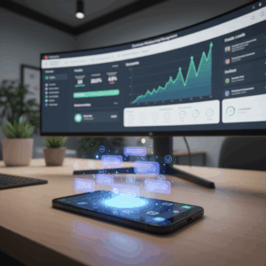 A photorealistic image of a modern workspace: a smartphone in the foreground showing a glowing chatbot interface with abstract chat bubbles, and a large monitor in the background displaying a CRM dashboard with an upward lead spike. Cinematic lighting, professional studio quality, 8k.