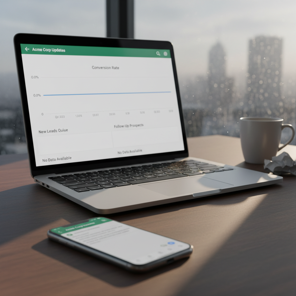 A photorealistic image of a workspace illustrating the real problem: a smartphone showing a traditional messaging app with muted engagement, and a laptop screen displaying an analytics dashboard with a flat conversion line and empty lead queues. Cinematic lighting, professional studio quality, 8k.