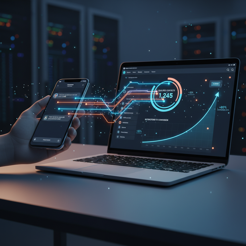 A photorealistic image of the solution: a chatbot interface on a smartphone feeding data into a CRM dashboard on a laptop, with glowing data streams and indicators showing rapid conversion from interactions to qualified contacts. Cinematic lighting, professional studio quality, 8k.