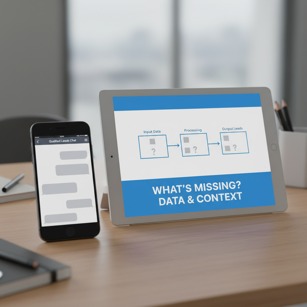 A photorealistic image of a smartphone and a tablet on a desk, the phone showing a messaging app with blank chat bubbles, the tablet displaying a simple pipeline graphic with empty data slots, illustrating what is missing today to generate qualified leads. Cinematic lighting, professional studio quality, 8k.