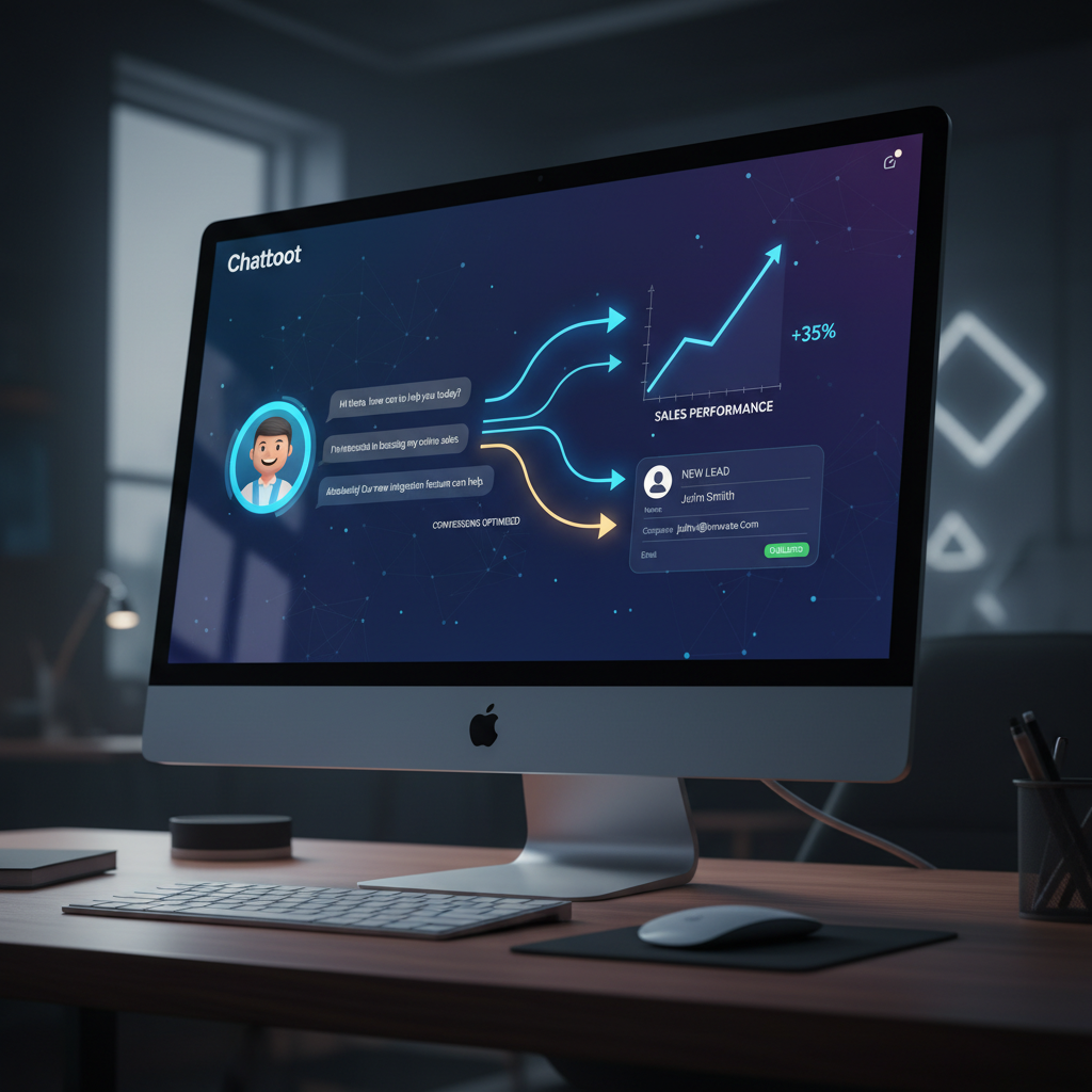A photorealistic image of a desktop screen displaying a chatbot interface with a friendly avatar, arrows flowing from chat interactions into a rising sales chart and a digital contact card, illustrating how an integrated chatbot turns conversations into sales opportunities. Cinematic lighting, professional studio quality, 8k.
