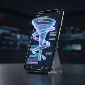 A photorealistic image of a smartphone screen displaying rapid, human-like AI chatbot conversations with glowing chat bubbles and a subtle holographic sales funnel in the background (no readable content). Cinematic lighting, professional studio quality, 8k.