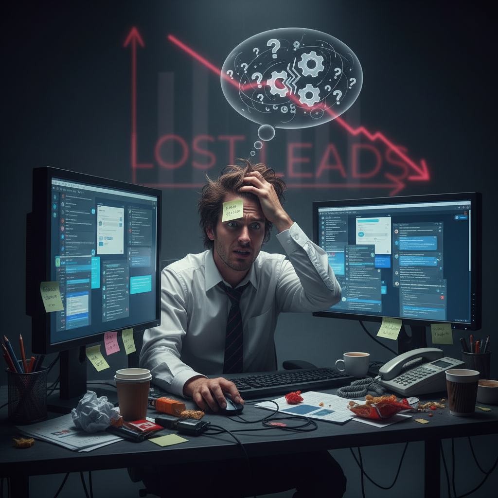 A photorealistic image of a cluttered desk with multiple monitors showing crowded chat interfaces and an overwhelmed sales agent manually responding to inquiries, illustrating failure to generate leads without automation (no readable content). Cinematic lighting, professional studio quality, 8k.