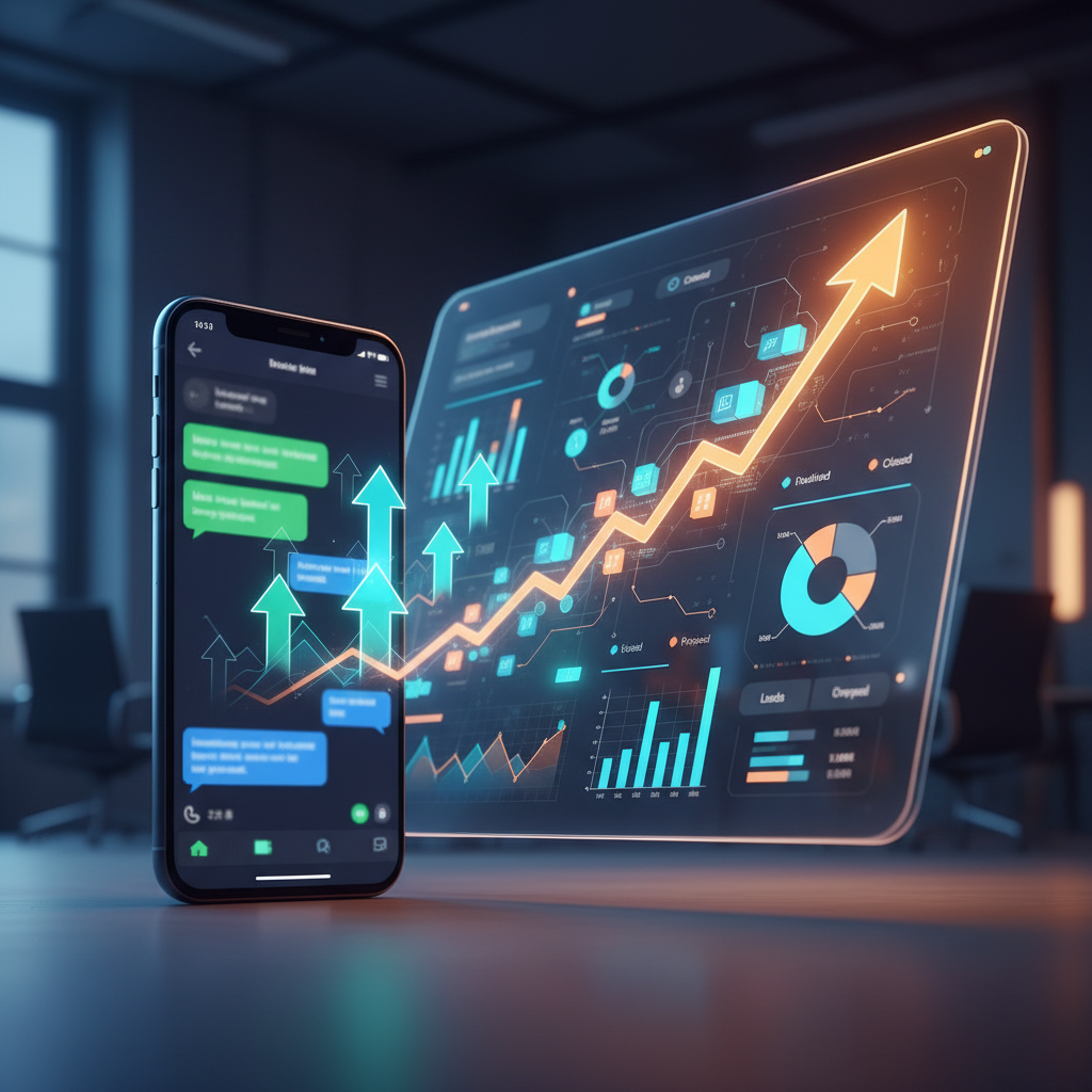 A photorealistic image of a GPT-powered WhatsApp-like chatbot transforming messages into sales opportunities, shown as a seamless workflow from a chat interface to a modern CRM dashboard with charts, data points, and an ascending sales pipeline (no readable content). Cinematic lighting, professional studio quality, 8k.