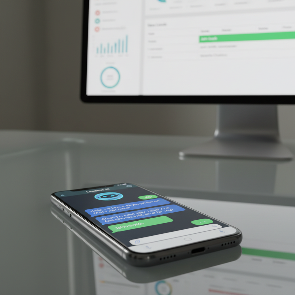 A photorealistic image of a sleek smartphone on a glass desk showing a WhatsApp-like chat interface where a friendly AI chatbot is actively collecting a lead's contact details before any human conversation, with a computer monitor in the background displaying a CRM dashboard updating with new leads. Cinematic lighting, professional studio quality, 8k.