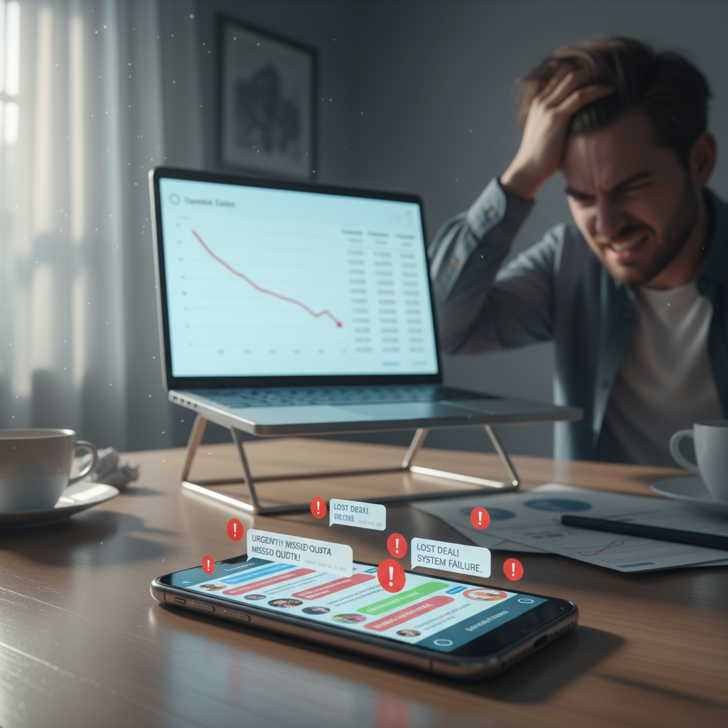 A photorealistic image of a smartphone on a desk displaying a messaging app with several red warning icons and chaotic chat threads, while a laptop screen in the background shows an analytics dashboard with a downward trend and inconsistent lead data, and a frustrated salesperson nearby. Cinematic lighting, professional studio quality, 8k.