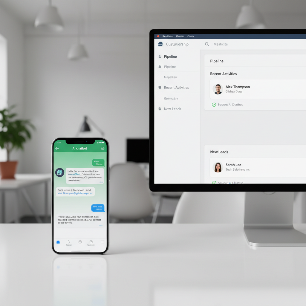 A photorealistic image of a smartphone on a clean desk displaying a WhatsApp-like chat interface where a proactive AI chatbot captures a lead, and a desktop monitor shows a CRM dashboard with newly created lead profiles appearing automatically; no calls or call indicators visible. Cinematic lighting, professional studio quality, 8k.