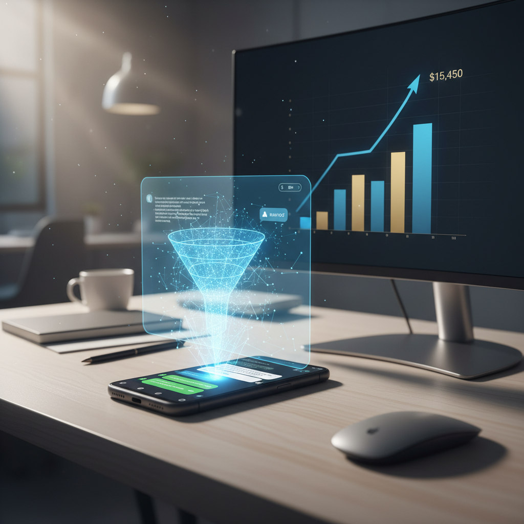 A photorealistic image of a smartphone on a modern desk displaying a WhatsApp chat with few messages, while a translucent AI chatbot interface hovers above the screen processing conversations into a visible conversion funnel that feeds a rising sales chart on a nearby monitor. Cinematic lighting, professional studio quality, 8k.