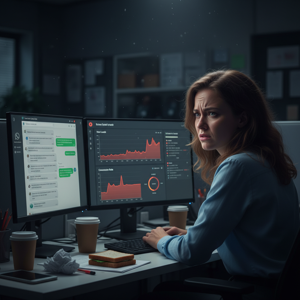A photorealistic image of a frustrated customer service agent at a desk, looking at a computer monitor showing an active WhatsApp chat window with many messages but no leads, and a separate dashboard displaying stagnant lead metrics. Cinematic lighting, professional studio quality, 8k.
