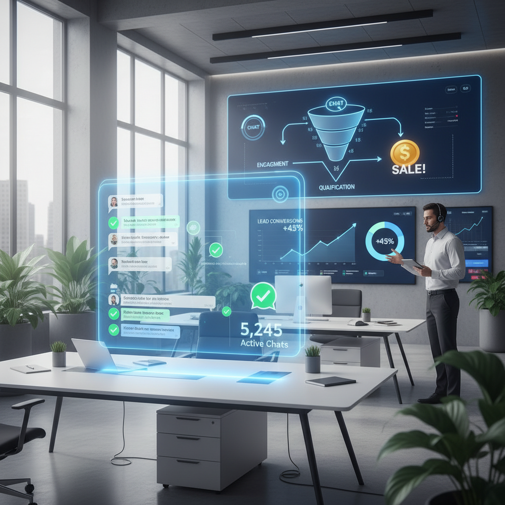 A photorealistic image of an AI-powered chatbot actively handling WhatsApp conversations in a modern office, with a large dashboard illustrating rising lead conversions and a sales representative engaging with new opportunities; a wall screen shows a funnel progressing from chat to sale. Cinematic lighting, professional studio quality, 8k.