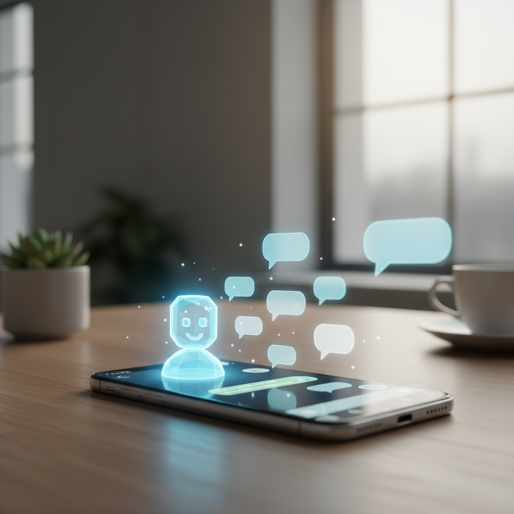A photorealistic image of a smartphone on a desk with a chatbot avatar initiating a conversation in a WhatsApp-like messaging interface, glowing chat bubbles from the bot, no visible text. Cinematic lighting, professional studio quality, 8k.