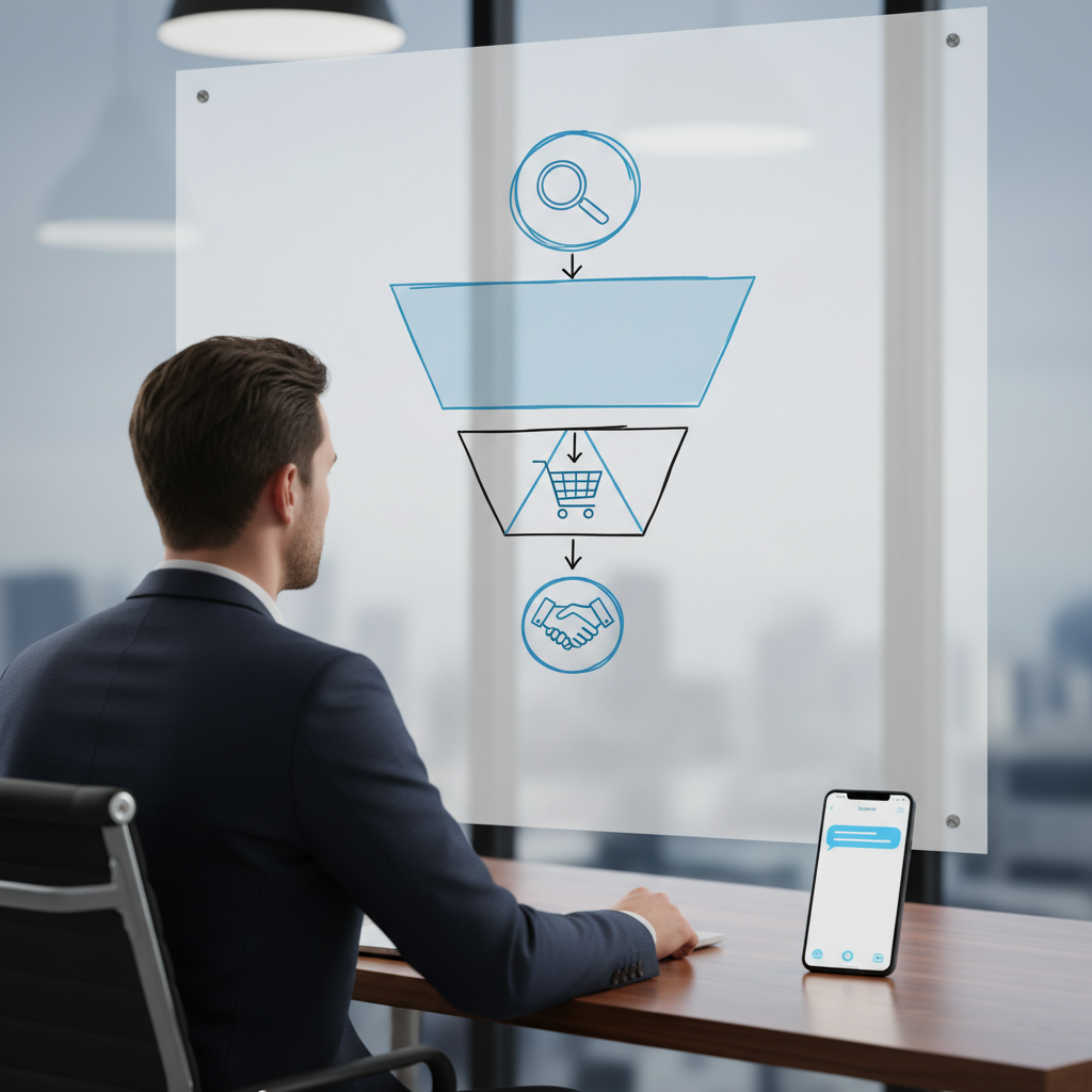 A photorealistic image of a marketer at a modern desk facing a whiteboard filled with a structured lead-generation funnel diagram using simple icons and arrows, a smartphone showing a blank messaging app nearby, no visible text. Cinematic lighting, professional studio quality, 8k.