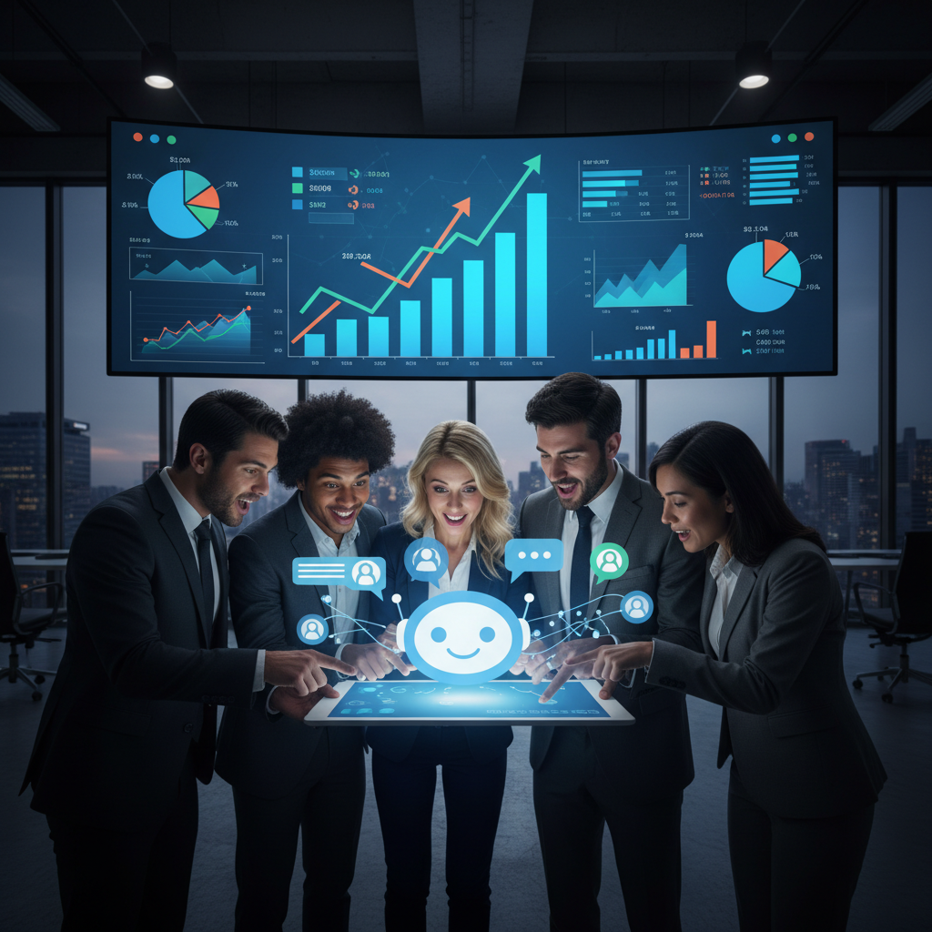 A photorealistic image of a business team watching a tablet where a proactive chatbot initiates conversations with visitors, while a large monitor in the background displays rising lead metrics through charts and graphs, no visible text. Cinematic lighting, professional studio quality, 8k.