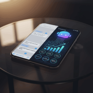 A photorealistic image of a split-screen smartphone scene: on the left, a WhatsApp-style chat with unread, unanswered messages; on the right, a glowing AI marketing chatbot interface with data flow arrows feeding a rising set of charts and opportunities. Cinematic lighting, professional studio quality, 8k.