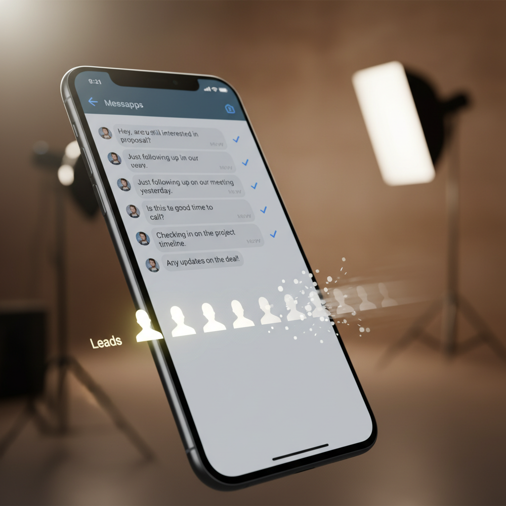 A photorealistic image of a smartphone screen displaying a WhatsApp-like chat with incoming messages but no responses, while a row of lead icons fades away toward the edge of the frame, illustrating disappearing leads. Cinematic lighting, professional studio quality, 8k.