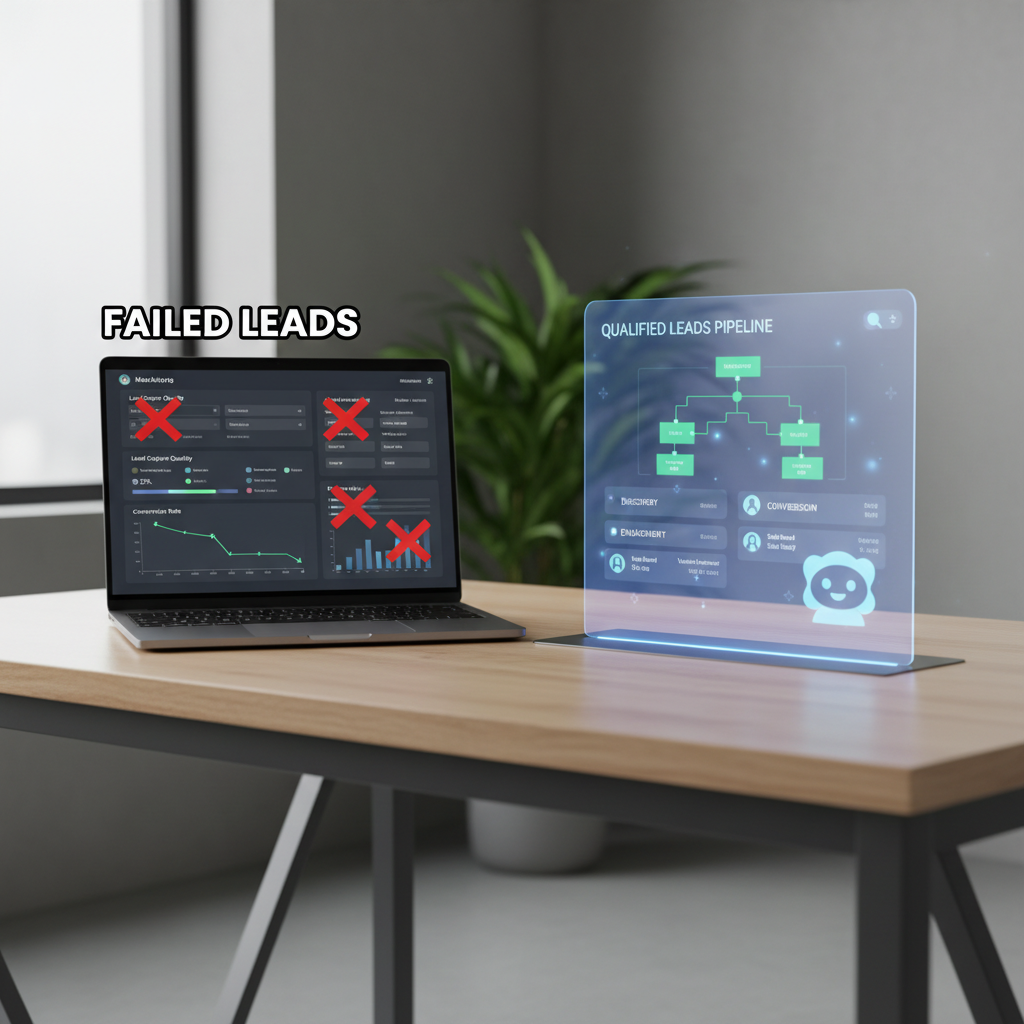 A photorealistic image of a modern desk with a laptop showing a cluttered marketing dashboard highlighting failed lead capture (empty fields, low-quality metrics) on the left, contrasted with a holographic AI chatbot interface on the right displaying a clean pipeline of qualified leads. Cinematic lighting, professional studio quality, 8k.
