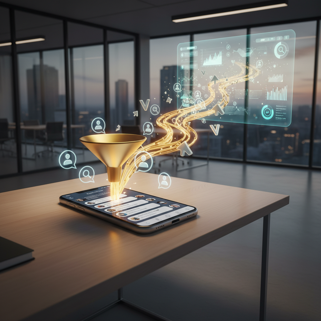 A photorealistic image of a smartphone on a modern desk displaying a WhatsApp-like chat interface with several active conversations; a luminous, gold-colored funnel emerges from the chat bubbles and transforms into a stream of glowing lead icons that float toward a distant holographic dashboard in a sleek office setting. Cinematic lighting, professional studio quality, 8k.