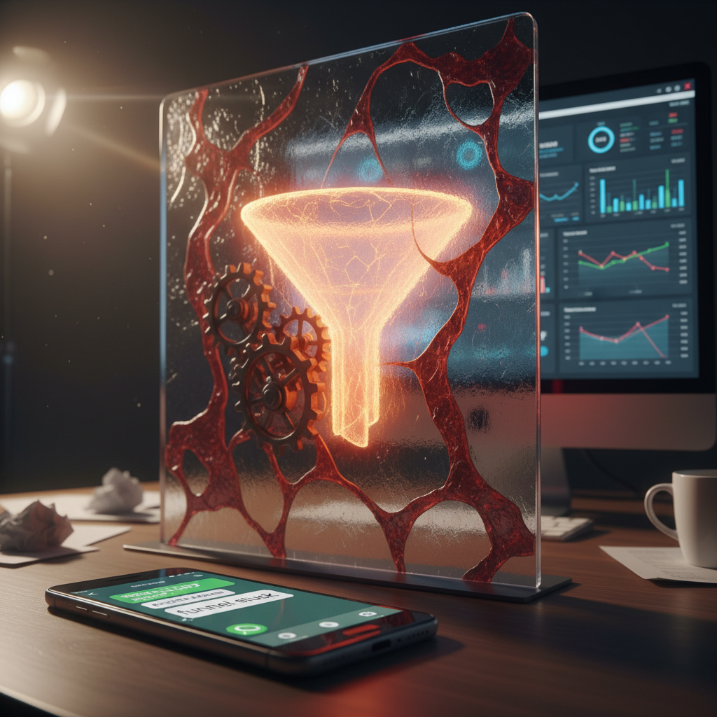 A photorealistic image of a smartphone on a desk displaying a WhatsApp-like chat interface; in front of a translucent glass barrier with abstract red blockers and gears, obscuring a glowing funnel that would feed into a charts-heavy dashboard on a monitor in the background, conveying obstacles to lead generation. Cinematic lighting, professional studio quality, 8k.