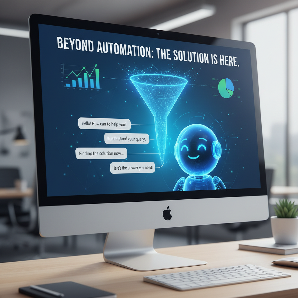 A photorealistic image of a desktop monitor displaying a live chat window with a friendly chatbot avatar; the chat bubbles flow into a clear, upward-moving funnel and into a clean set of data charts, illustrating that chatbots provide the solution beyond mere automation. Cinematic lighting, professional studio quality, 8k.