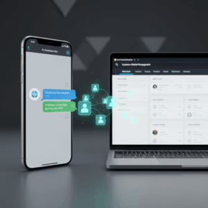 A photorealistic image of a smartphone screen displaying a chat interface with an AI chatbot, from which glowing lead icons emerge and flow toward a connected laptop showing a CRM dashboard. Cinematic lighting, professional studio quality, 8k.