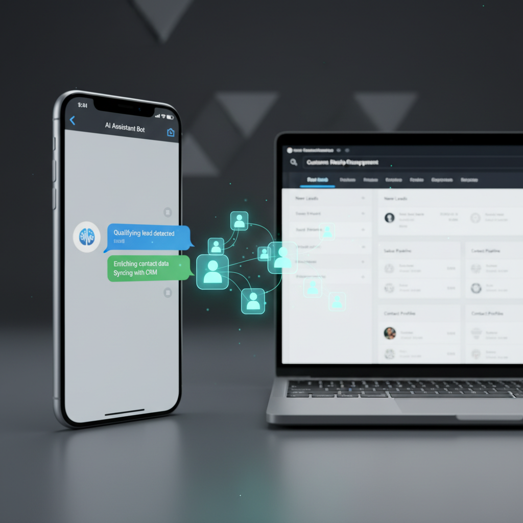A photorealistic image of a smartphone screen displaying a chat interface with an AI chatbot, from which glowing lead icons emerge and flow toward a connected laptop showing a CRM dashboard. Cinematic lighting, professional studio quality, 8k.