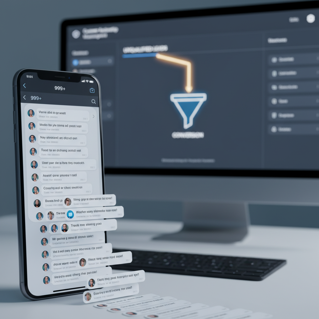 A photorealistic image of a smartphone screen with a long list of unread messages in a messaging app, illustrating the bottleneck, with a blurred background showing a CRM dashboard and a highlighted narrow path toward a funnel representing potential leads. Cinematic lighting, professional studio quality, 8k.