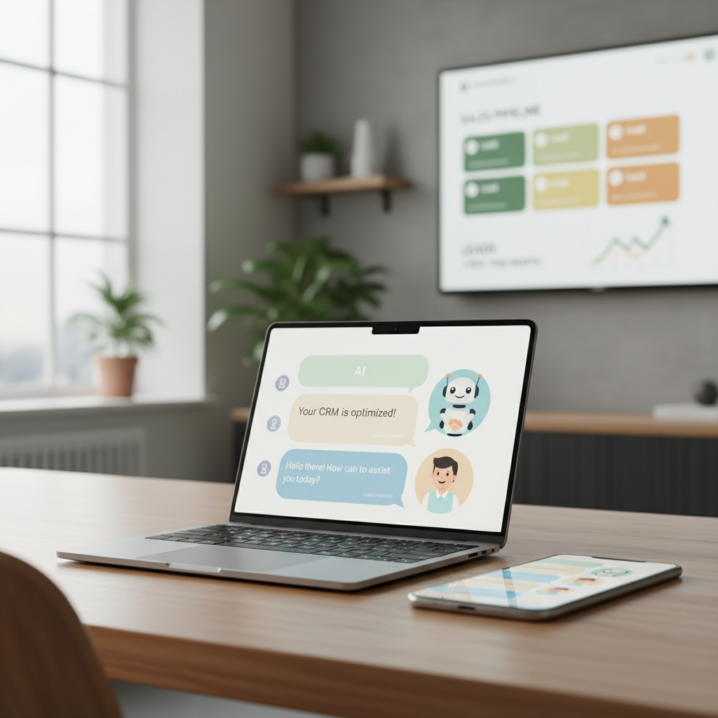 A photorealistic image of a laptop and a smartphone side by side, both screens displaying a friendly, non-intrusive AI chatbot interface, with soft color tones and a clean CRM dashboard in the background showing rising lead cards. Cinematic lighting, professional studio quality, 8k.