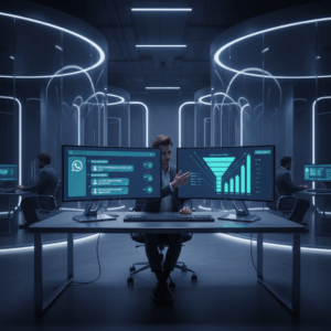 A photorealistic image of a high-tech open workspace with two large monitors: one screen displaying a WhatsApp-like chat interface with generic bubbles and a chatbot avatar, and the other screen showing a real-time lead funnel with rising stages; a human agent collaborates with the bot at the desk, neon accents and glass walls in the background. Cinematic lighting, professional studio quality, 8k.