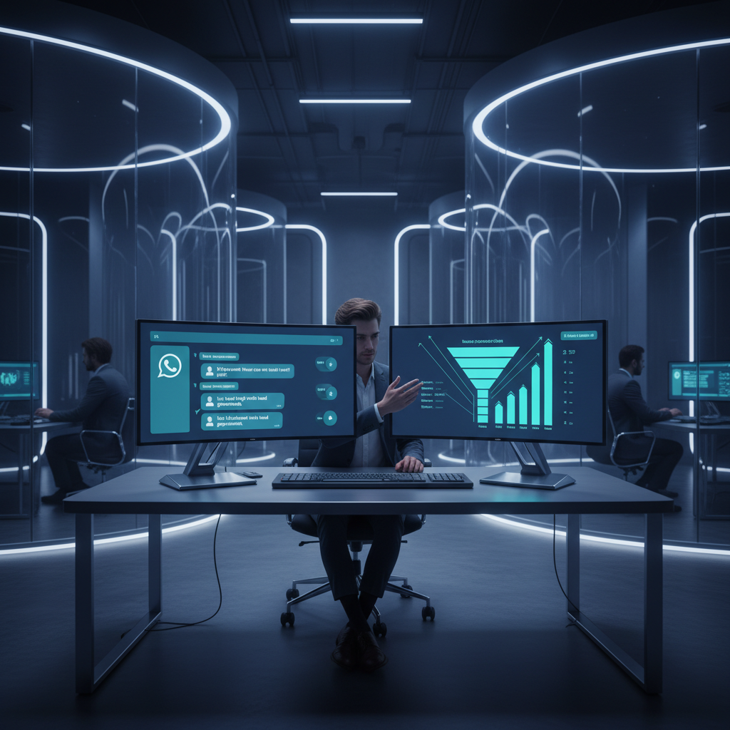 A photorealistic image of a high-tech open workspace with two large monitors: one screen displaying a WhatsApp-like chat interface with generic bubbles and a chatbot avatar, and the other screen showing a real-time lead funnel with rising stages; a human agent collaborates with the bot at the desk, neon accents and glass walls in the background. Cinematic lighting, professional studio quality, 8k.