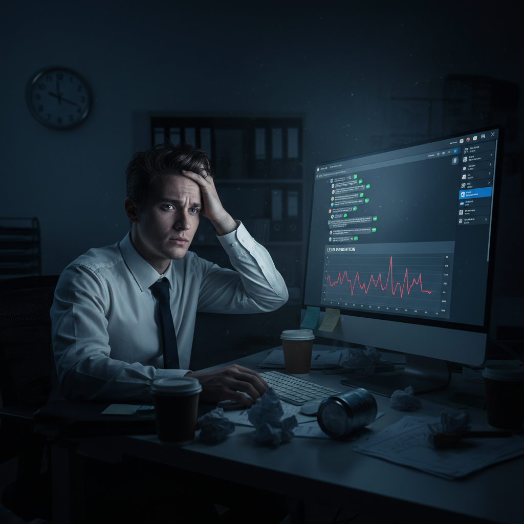 A photorealistic image of a desk in a dim office showing a WhatsApp-like chat interface with numerous unread messages and an irregular, fluctuating lead chart on a monitor; a stressed agent stares at the screen, a cluttered notification area, and a wall clock indicating late hours. Cinematic lighting, professional studio quality, 8k.