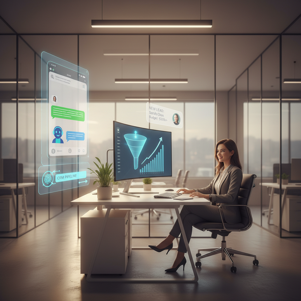 A photorealistic image of a bright, modern workspace where a chatbot avatar engages with a customer on a WhatsApp-like chat interface that seamlessly feeds a CRM pipeline; a large monitor displays an upward-trending lead funnel and a new lead card, while a confident agent monitors the process; clean desks and glass walls with warm lighting. Cinematic lighting, professional studio quality, 8k.
