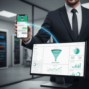 A photorealistic image of a businessperson holding a smartphone with a WhatsApp-like chat interface (generic bubbles and a robot avatar), visually connected to a large monitor displaying a CRM dashboard with a funnel and rising leads. Cinematic lighting, professional studio quality, 8k.
